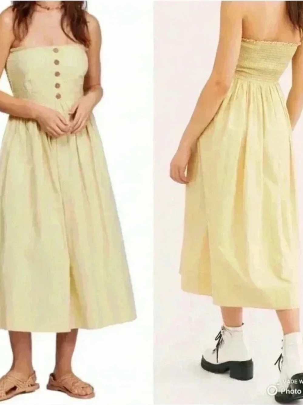 Free People Pale Yellow Strapless Midi Dress with Front Buttons